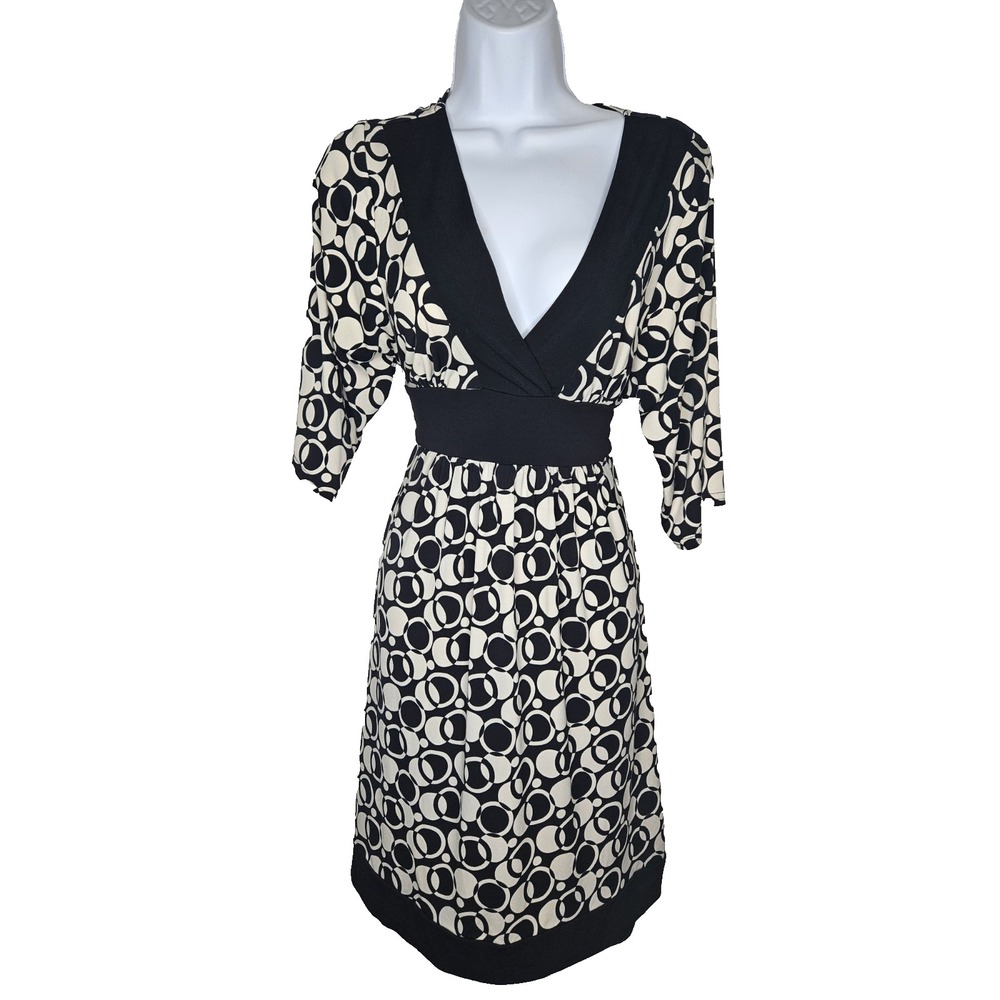 Intrigue Black White Circle Print Belted Dress Sz M Vintage Mod‎ Retro